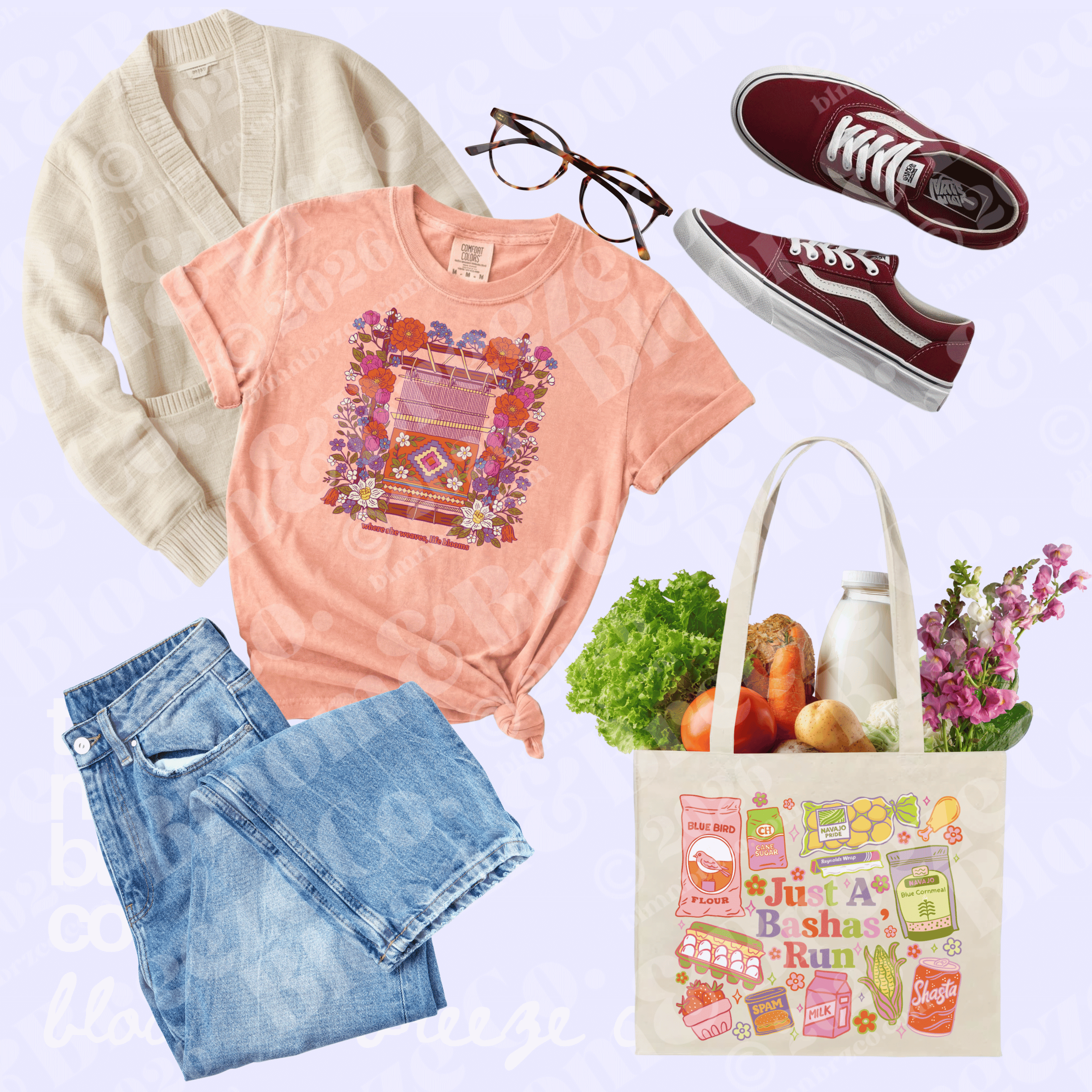 A styled flat-lay outfit featuring a coral pink graphic t-shirt, a cream cardigan, blue jeans, burgundy Vans sneakers, a canvas tote bag with colorful illustrations and groceries, and glasses, all arranged on a light lavender background.